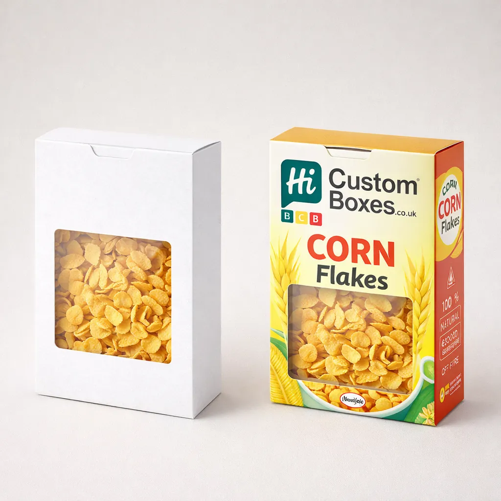 Eye-catching cereal boxes with a rectangular die-cut window and custom high-quality printing for retail display. class=
